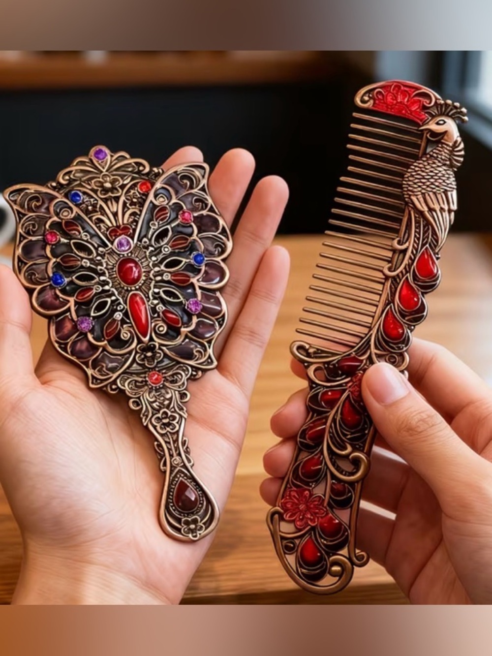 Ornate Red Jeweled Hand Mirror and Comb Set - Women Accessories